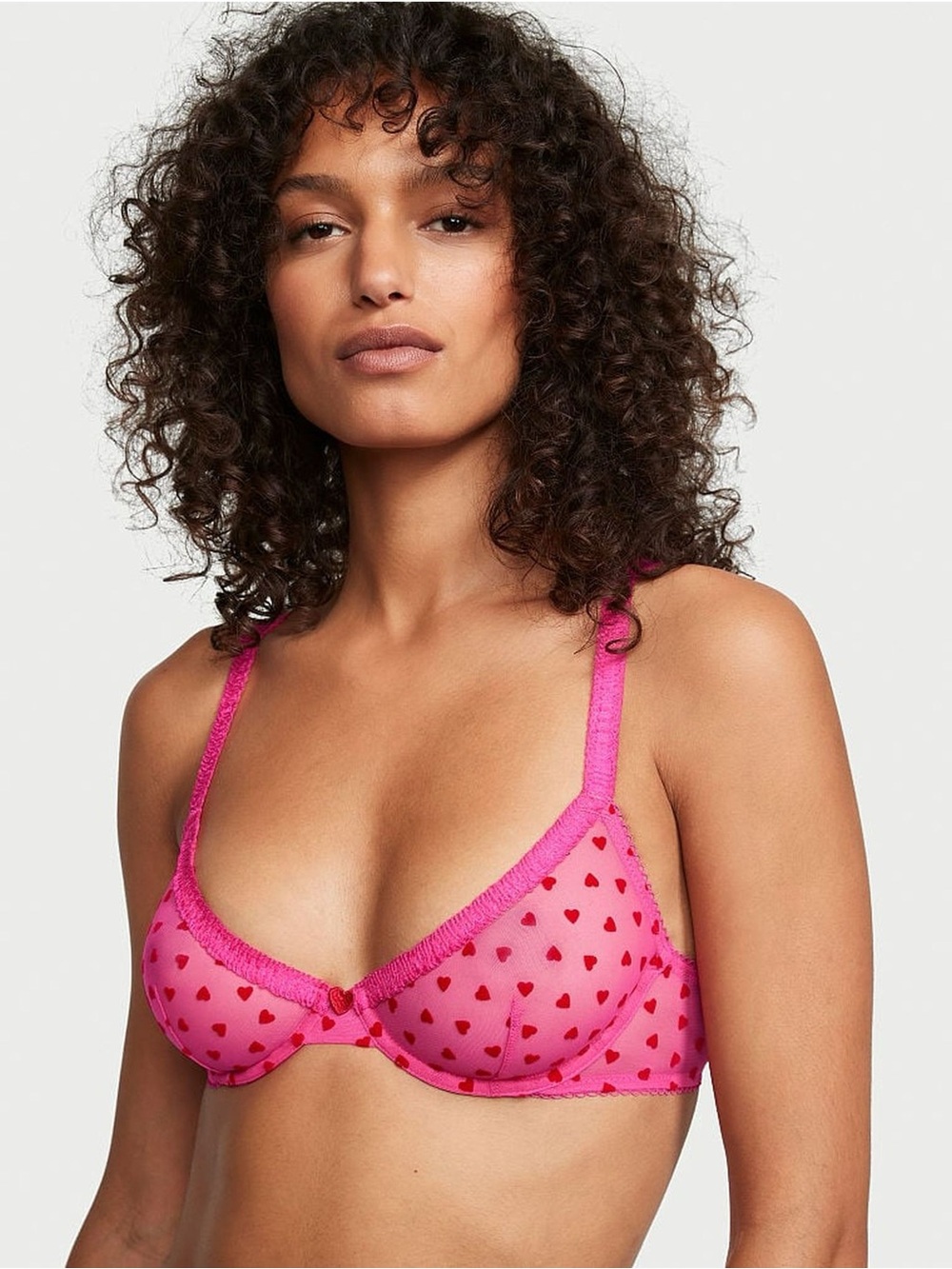Victoria's Secret Bra Pink Mesh Hearts Tease Unlined Demi 34DDD